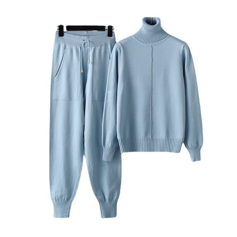 Casual Fashion Set autumn And Winter Cross-border Amazon European And American Turtleneck Solid Color Sweaters Two-piece Set