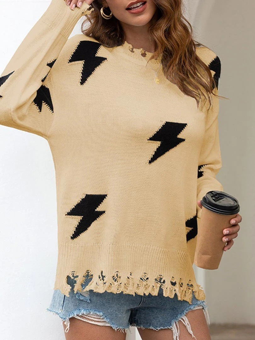 Women's sweater lightning hole fringed Pullover