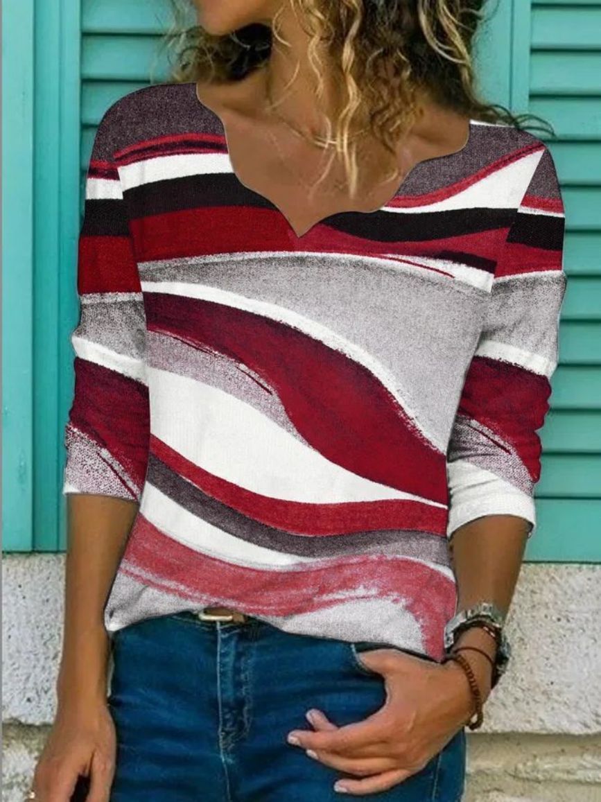 Women's New Smocked Print Loose V-Neck T-Shirt Top