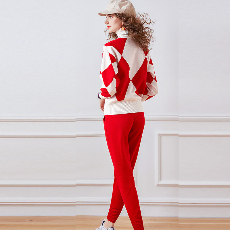 Two-piece Red Knitted Two-piece Suit With Thicker Inside