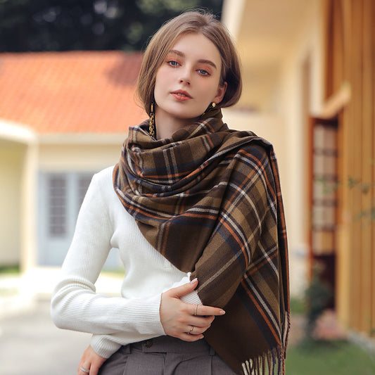 Elegant Plaid Warm Tassel Scarf Women's Mid-length