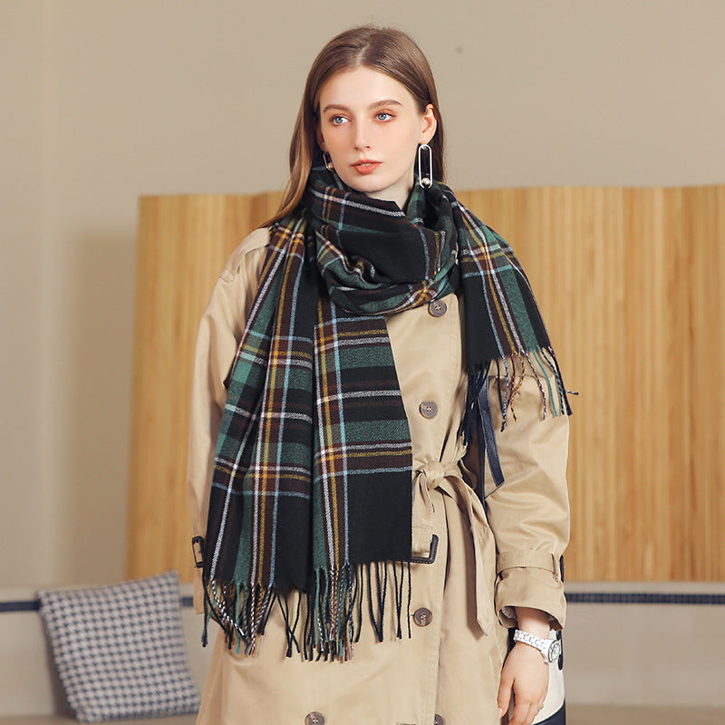 Elegant Plaid Warm Tassel Scarf Women's Mid-length