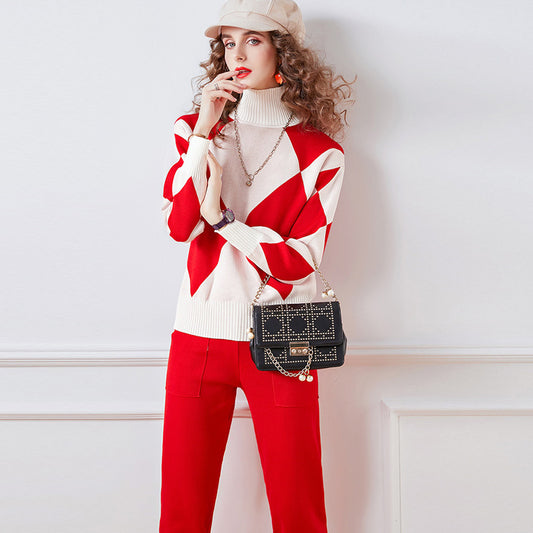 Two-piece Red Knitted Two-piece Suit With Thicker Inside