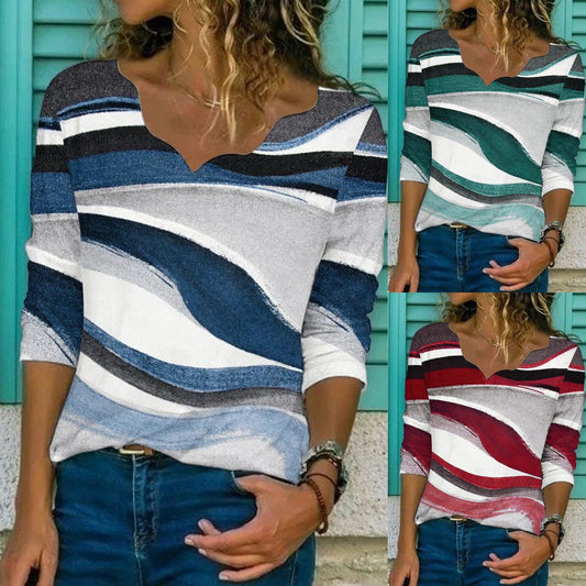 Women's New Smocked Print Loose V-Neck T-Shirt Top